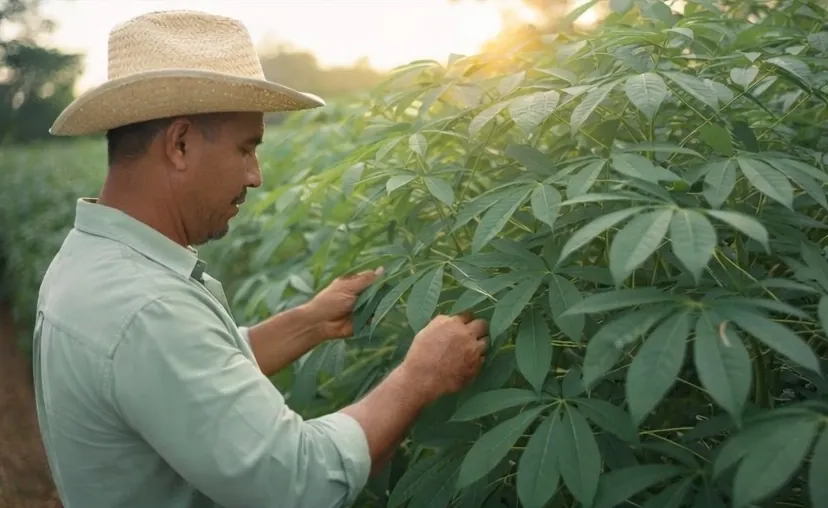 Agricultor revisando las plantas
